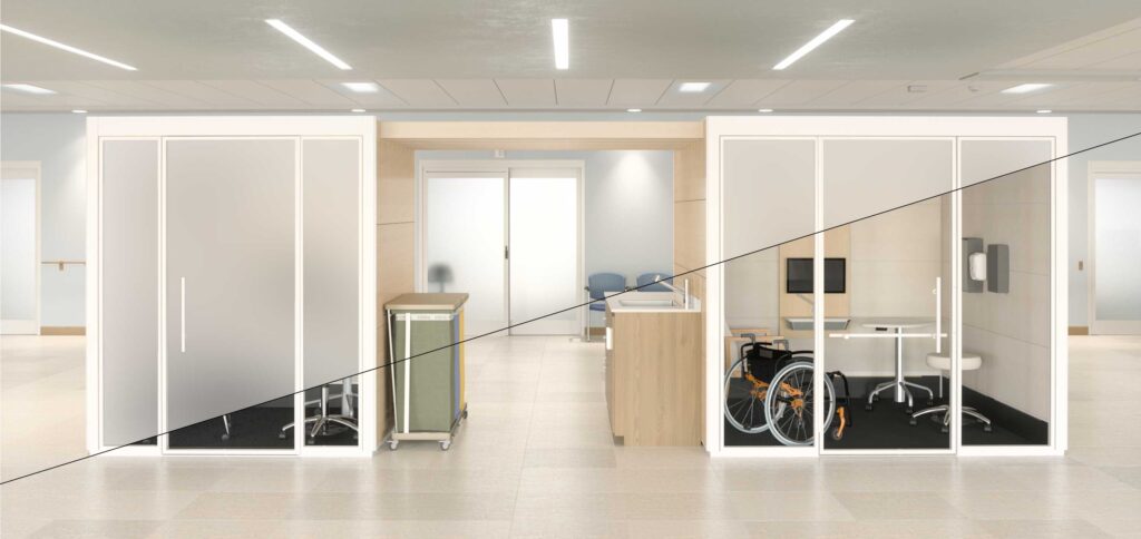 SnapCab healthcare pods are an adaptable modular space solution for hospital modernizations, that can be paired with smart glass technology, like Skyline Design’s SDX2 smart glass product, to offer a new level of privacy control.