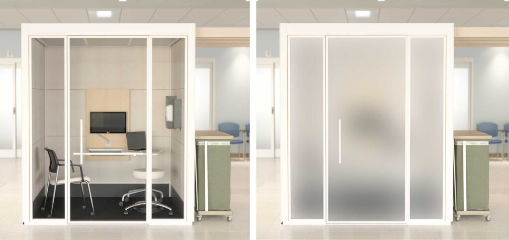SnapCab healthcare pods are an adaptable modular space solution for hospital modernizations, that can be paired with smart glass technology, like Skyline Design’s SDX2 smart glass product, to offer a new level of privacy control.