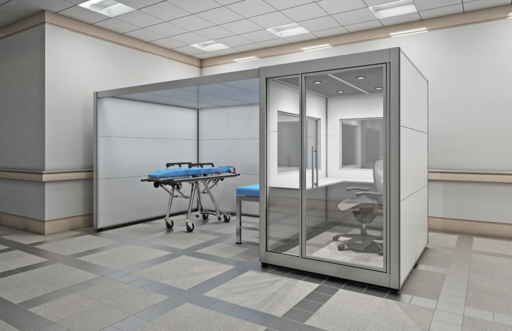 The healthcare pod solutions that SnapCab provides for medical modernizations and spaces are a game changer in the healthcare industry. Here, we can see a private office pod for a healthcare professional with a private patient assessment area built right onto it.